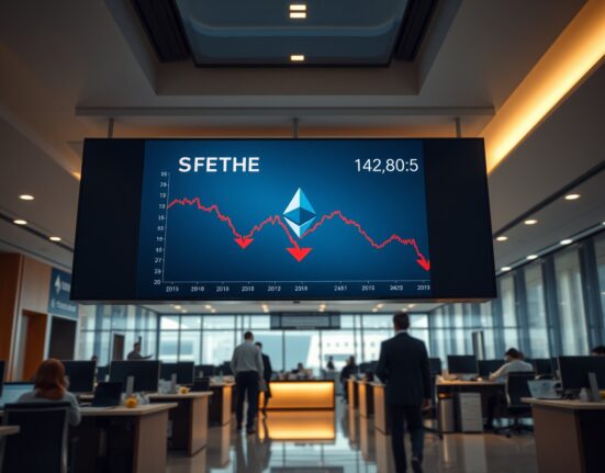 Corporate office lobby with digital display showing declining Ethereum price chart.
