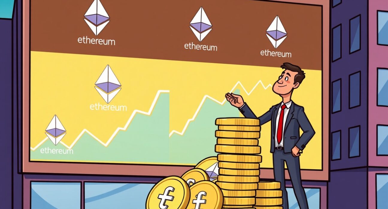 Cartoon illustration showing Sharplink Gaming making a significant strategic Sharplink Gaming ETH investment, adding to its massive digital asset holdings.