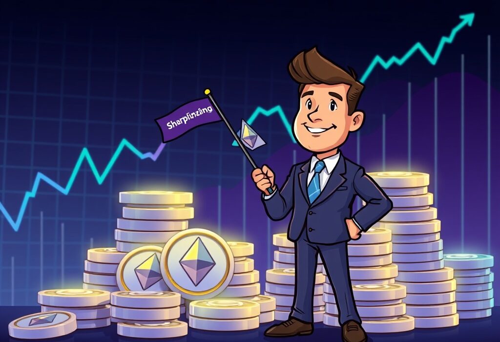 A cartoon illustration showing SharpLink Gaming expanding its Ethereum ETH digital asset investment.