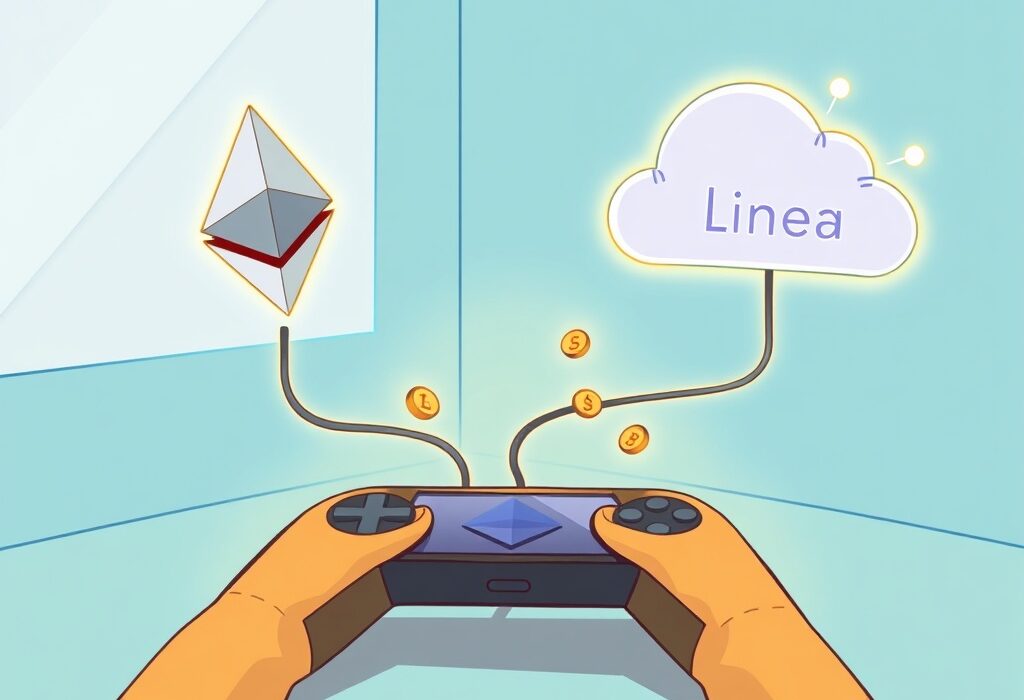 A cartoon illustration of institutional hands adding SharpLink Gaming ETH into a secure digital vault connected to a blockchain network, symbolizing strategic staking and growth.