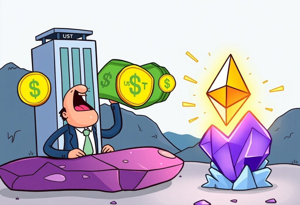 A cartoon illustration showing Sharplink Gaming strategically moving a large sum of USDT, symbolizing a potential Sharplink Gaming Ethereum investment.