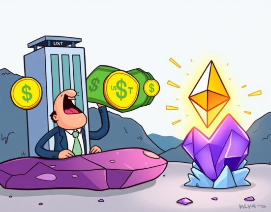 A cartoon illustration showing Sharplink Gaming strategically moving a large sum of USDT, symbolizing a potential Sharplink Gaming Ethereum investment.