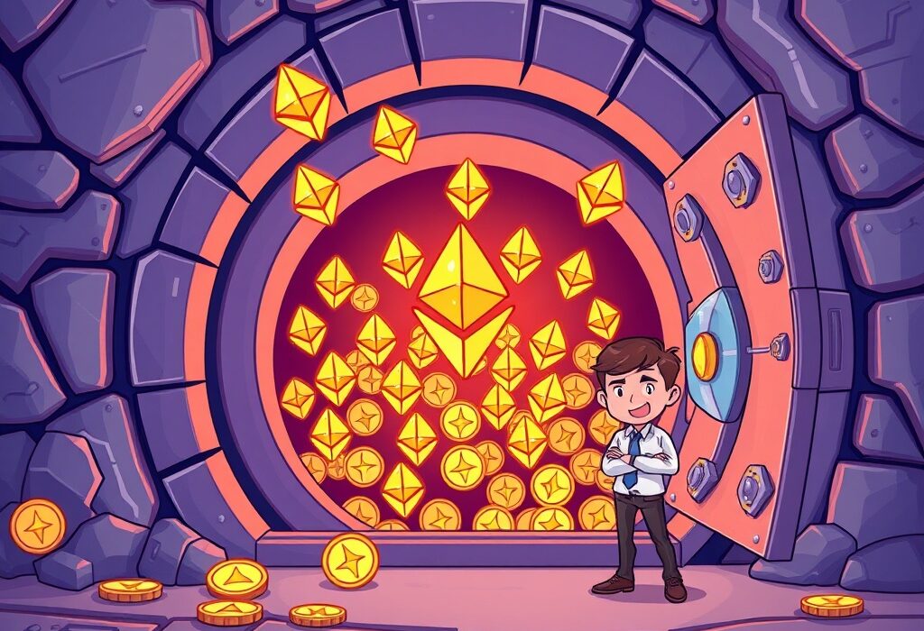 A cartoon illustration depicting a company's strategic move into significant SharpLink Gaming Ethereum Staking, with a vault full of ETH.