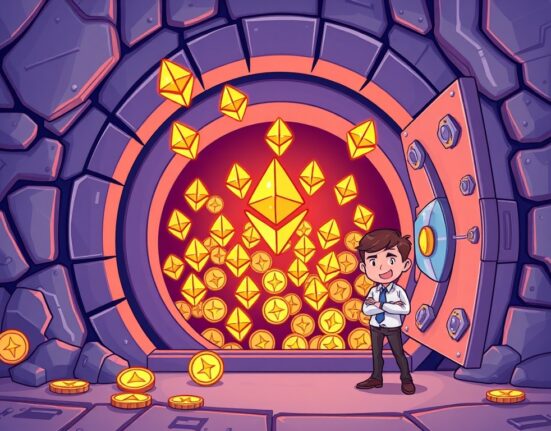 A cartoon illustration depicting a company's strategic move into significant SharpLink Gaming Ethereum Staking, with a vault full of ETH.