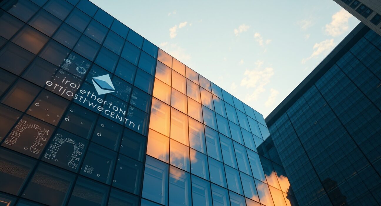 Corporate office building with digital Ethereum network overlay representing institutional crypto treasury strategy