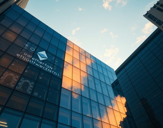 Corporate office building with digital Ethereum network overlay representing institutional crypto treasury strategy