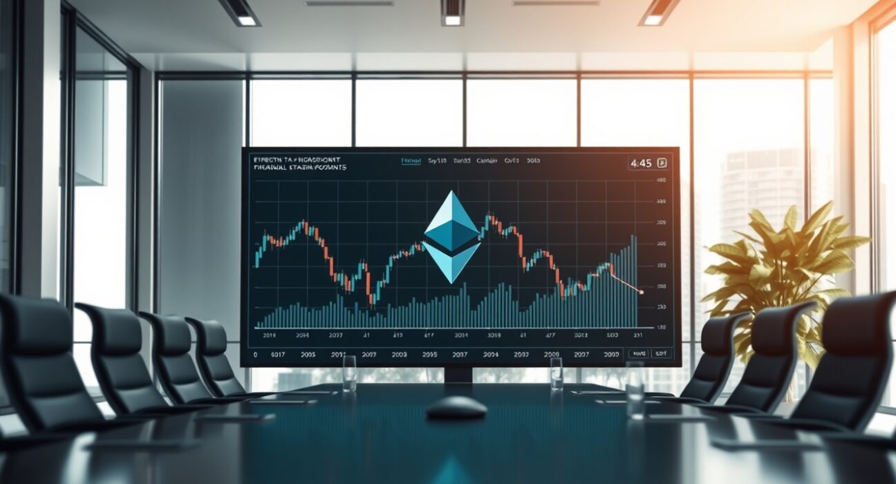 SharpLink corporate office with Ethereum price chart on screen