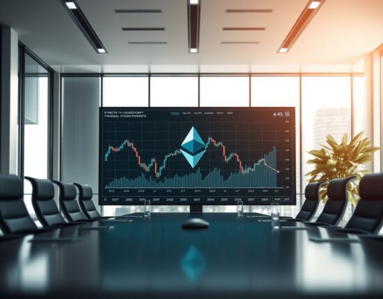 SharpLink corporate office with Ethereum price chart on screen