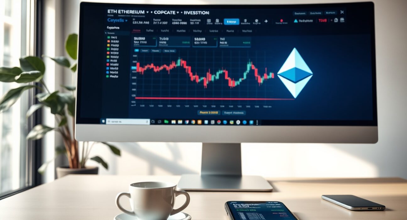 Corporate office desk with computer monitor displaying Ethereum trading interface and cryptocurrency charts