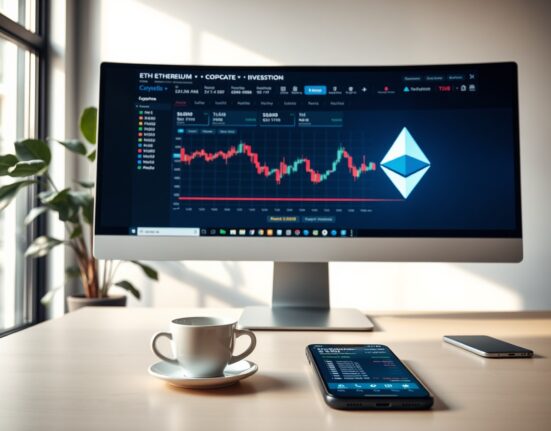 Corporate office desk with computer monitor displaying Ethereum trading interface and cryptocurrency charts