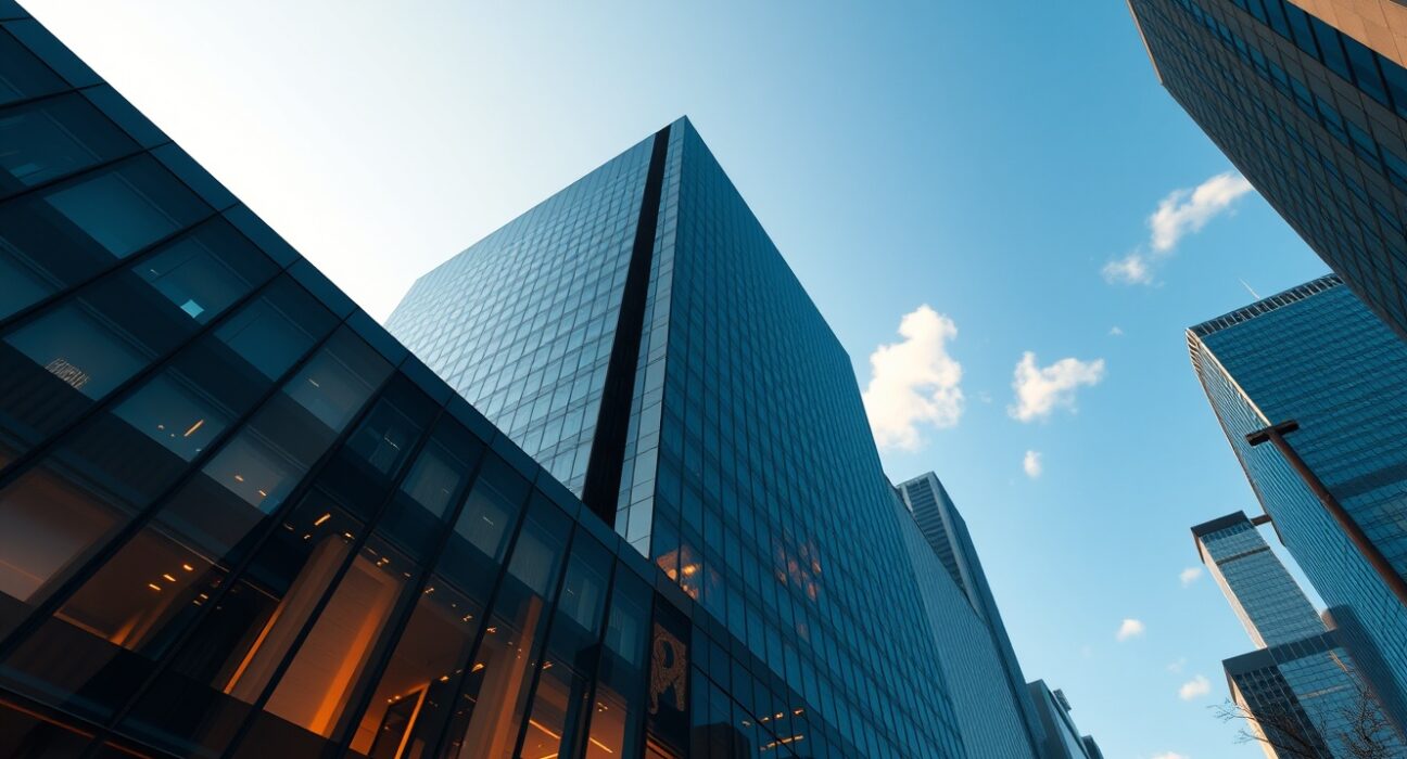 Modern financial building exterior with stock market reflections, representing SharpLink's Russell index inclusion