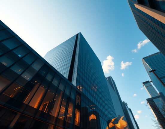 Modern financial building exterior with stock market reflections, representing SharpLink's Russell index inclusion