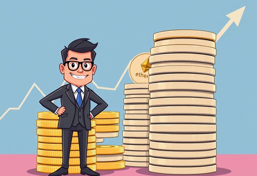 A cartoon illustration of a company executive standing confidently beside a large pile of Ethereum coins, representing the strategic SharpLink share buyback.