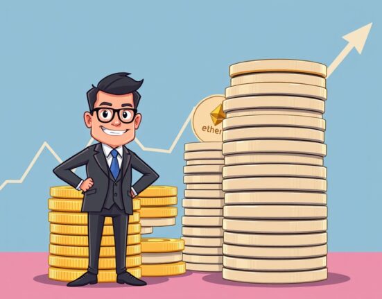 A cartoon illustration of a company executive standing confidently beside a large pile of Ethereum coins, representing the strategic SharpLink share buyback.