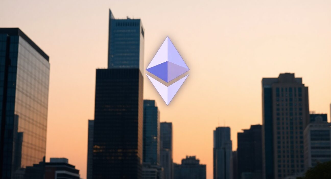 Ethereum symbol over financial district skyline at dusk