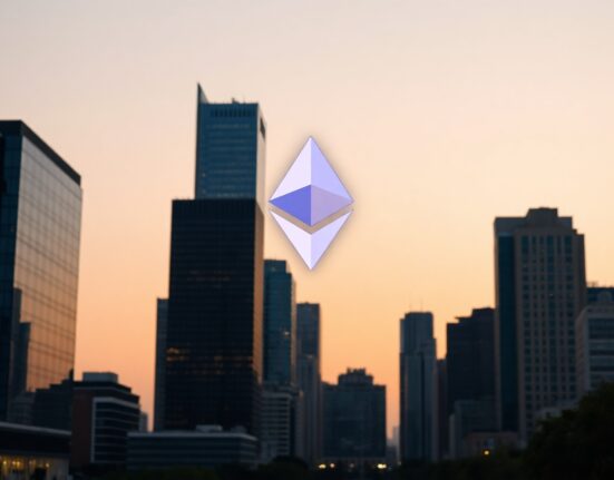 Ethereum symbol over financial district skyline at dusk