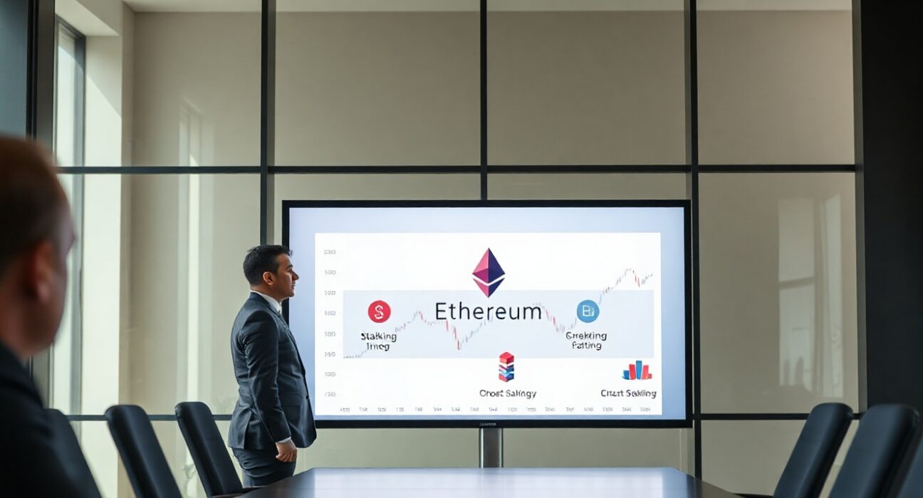 Financial executive reviewing Ethereum staking dashboard in modern office