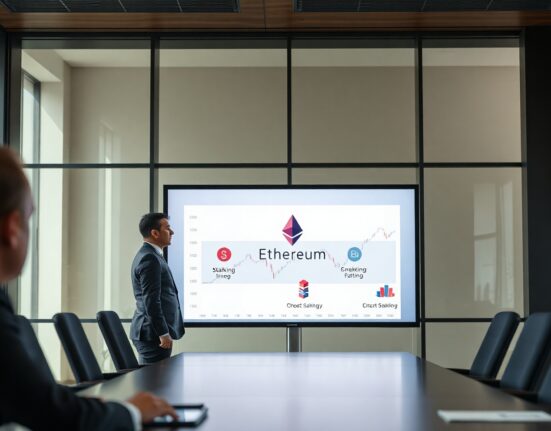 Financial executive reviewing Ethereum staking dashboard in modern office