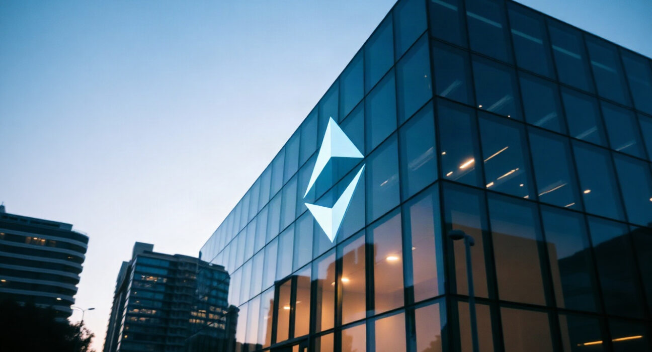 SharpLink corporate building with Ethereum symbol overlay, symbolizing its ETH treasury stake
