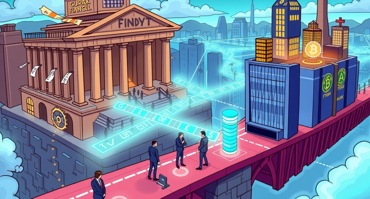 A cartoon illustration showing the monumental shift of traditional finance on-chain, highlighting the future of digital asset integration.