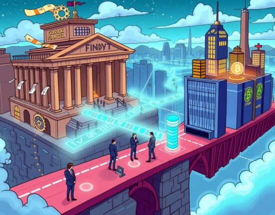 A cartoon illustration showing the monumental shift of traditional finance on-chain, highlighting the future of digital asset integration.