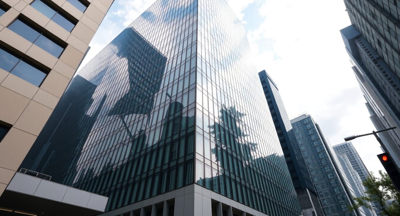 Modern office building in Hong Kong's Central business district under a clear sky