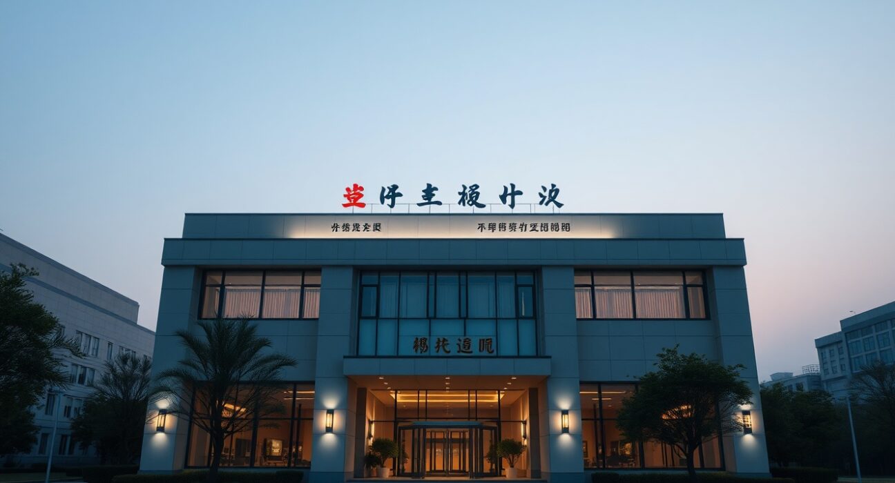 Shenzhen government building at dusk, site of crypto self-media crackdown