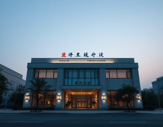 Shenzhen government building at dusk, site of crypto self-media crackdown