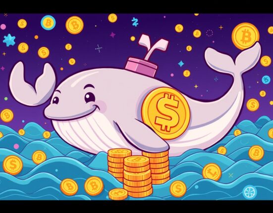 A vibrant cartoon of a SHIB whale moving cryptocurrency tokens in a digital market ocean.