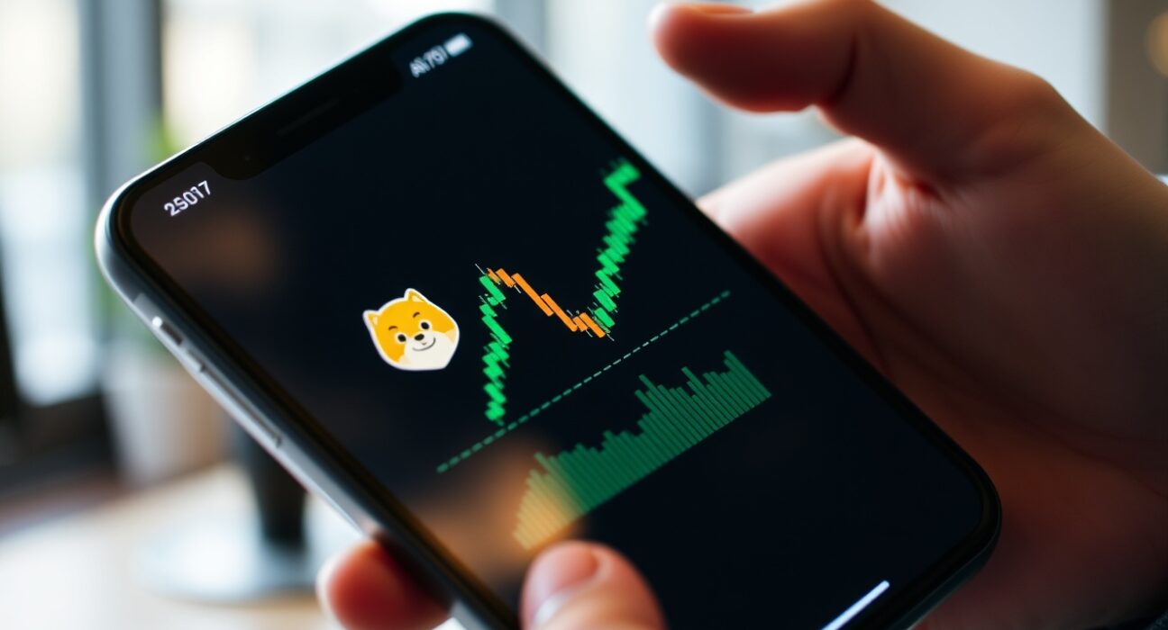 Shiba Inu cryptocurrency logo on a smartphone screen with a rising price chart