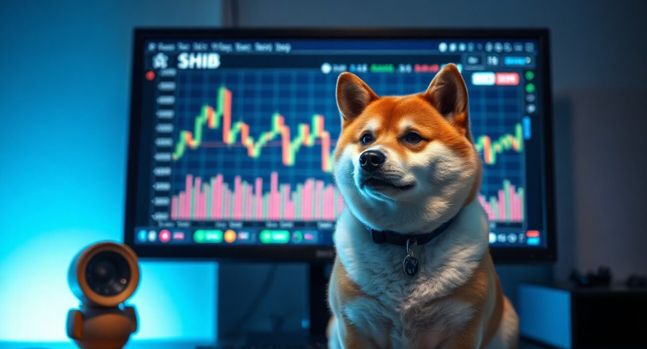 Shiba Inu dog in front of a computer screen showing a declining SHIB price chart