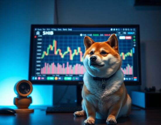 Shiba Inu dog in front of a computer screen showing a declining SHIB price chart