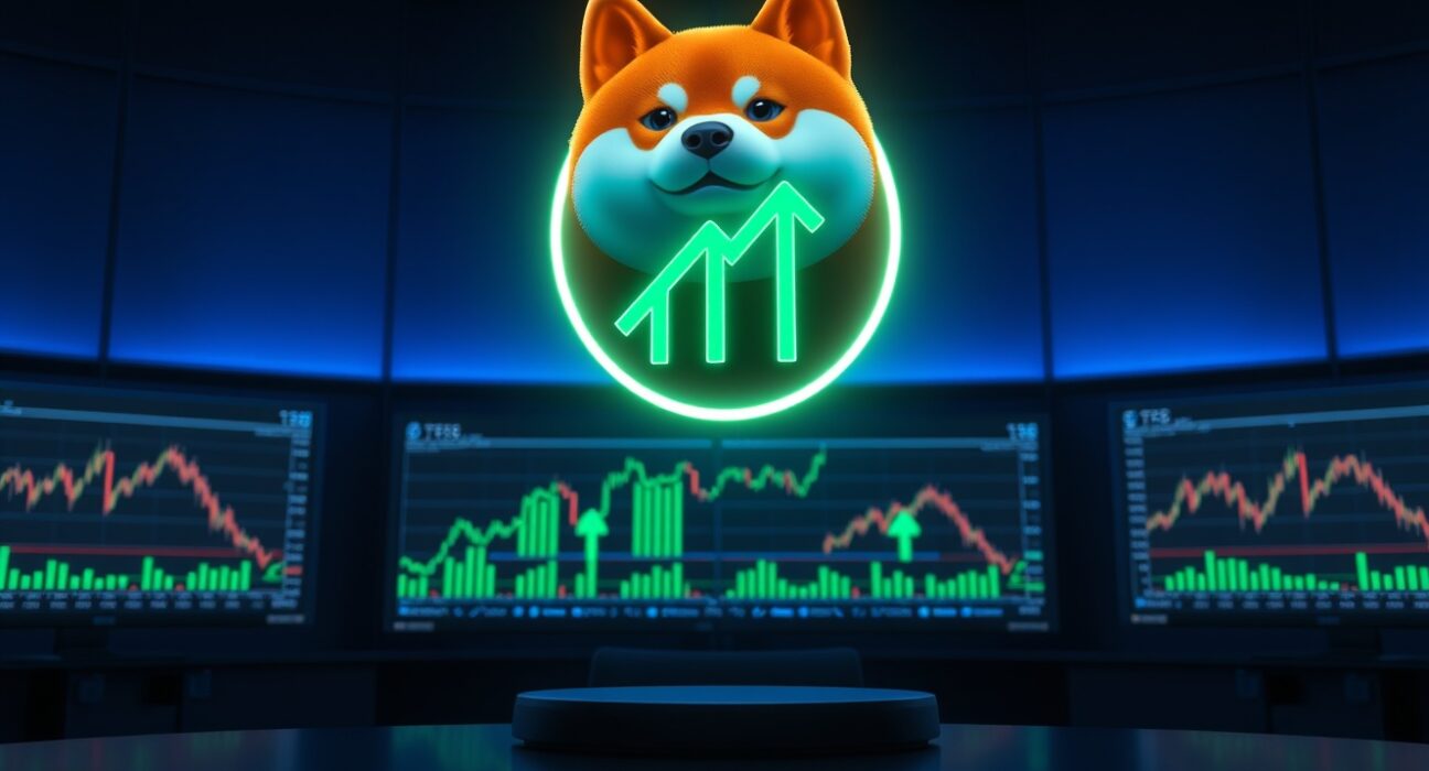 Digital Shiba Inu token floating above trading monitors with green charts, representing the SHIB price rally.