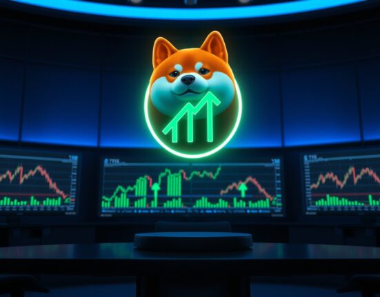 Digital Shiba Inu token floating above trading monitors with green charts, representing the SHIB price rally.