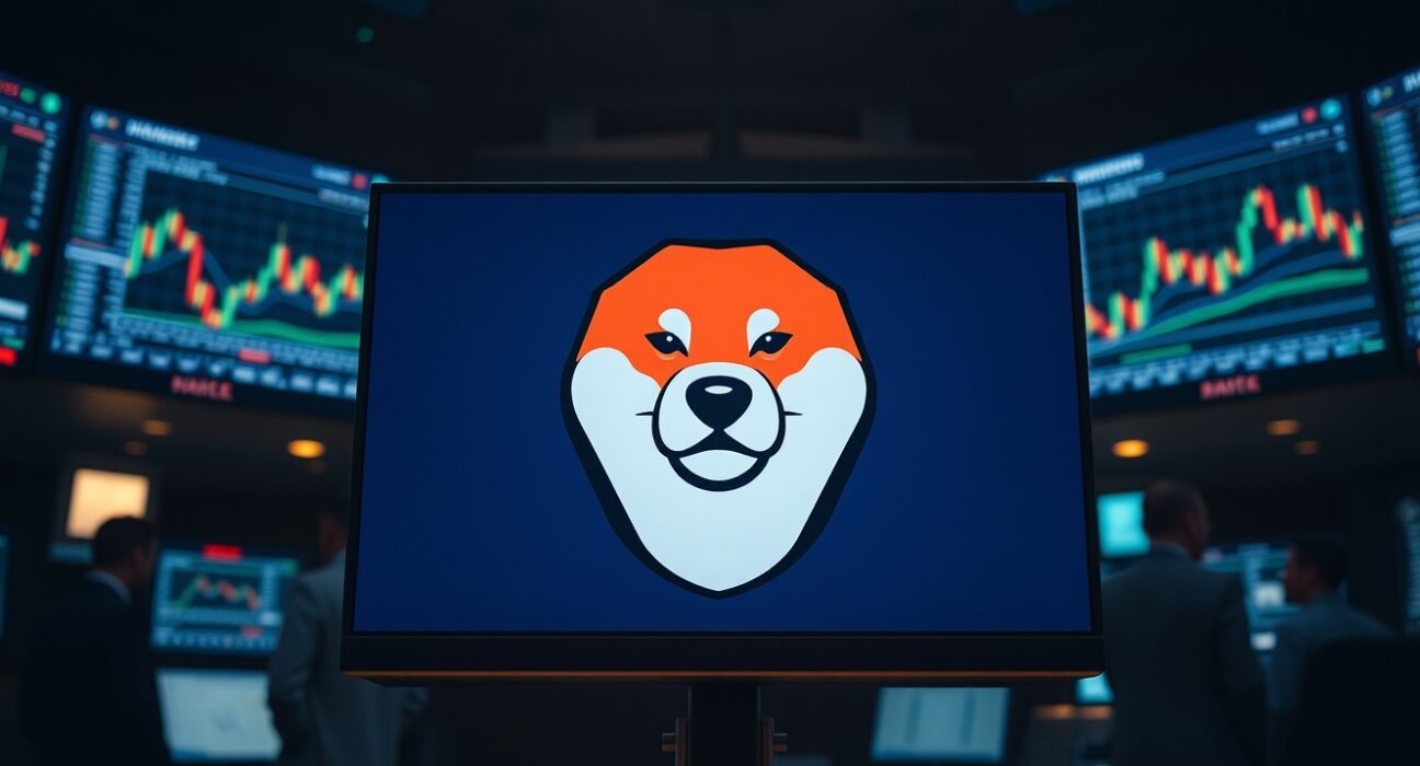 Shiba Inu logo on a digital screen with cryptocurrency charts in a trading environment.