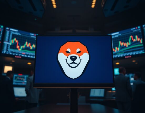 Shiba Inu logo on a digital screen with cryptocurrency charts in a trading environment.