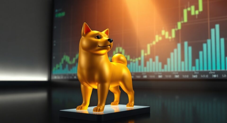 Shiba Inu statue with glowing light and stock chart in background representing cryptocurrency price prediction