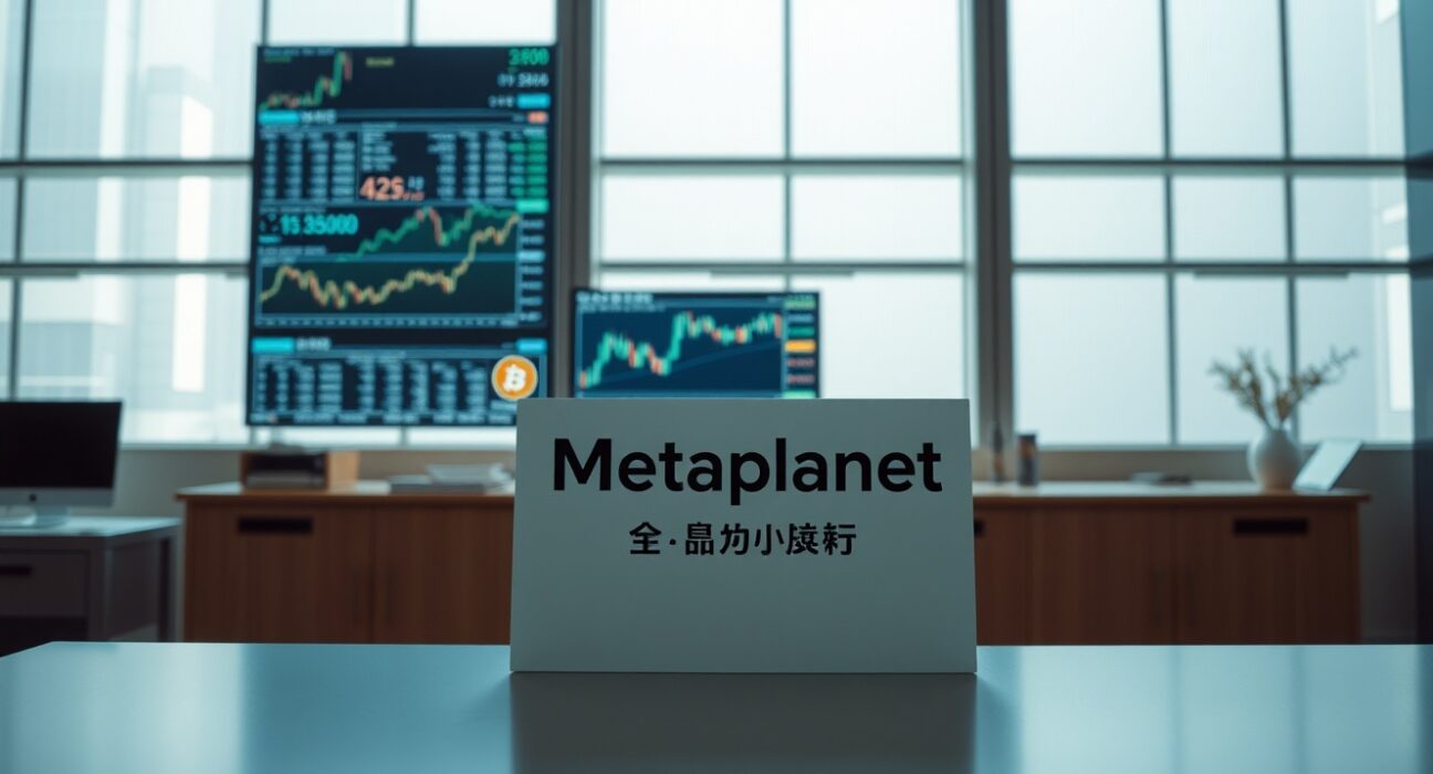 Interior of a modern Japanese brokerage office with Metaplanet Securities signage and digital Bitcoin charts in background