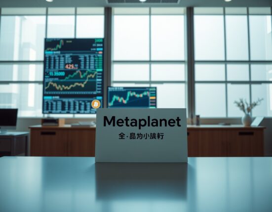 Interior of a modern Japanese brokerage office with Metaplanet Securities signage and digital Bitcoin charts in background