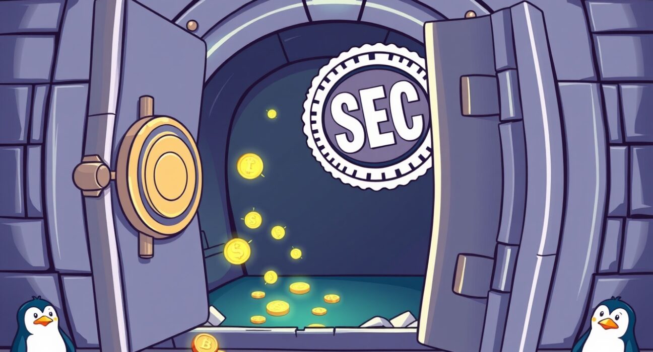 Cartoon illustration of the Shima Capital SEC fraud case showing an empty, broken crypto vault.
