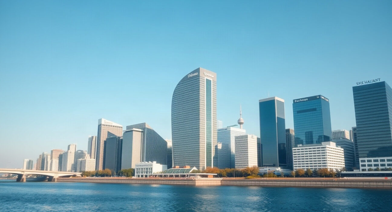 Seoul financial district with Shinhan Financial Group headquarters, symbolizing traditional finance meeting blockchain innovation.