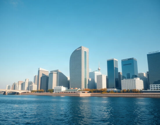 Seoul financial district with Shinhan Financial Group headquarters, symbolizing traditional finance meeting blockchain innovation.