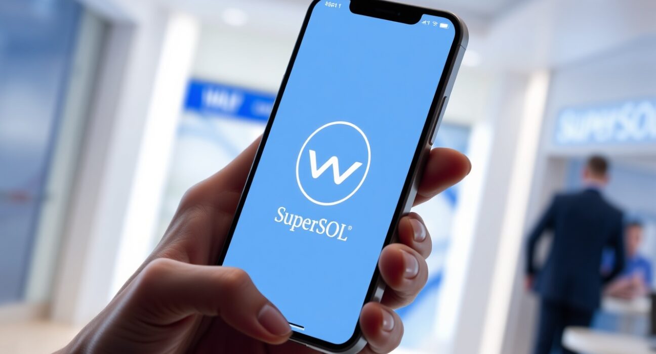 Smartphone displaying a Shinhan SuperSOL app interface with a cryptocurrency wallet icon in a modern bank setting.