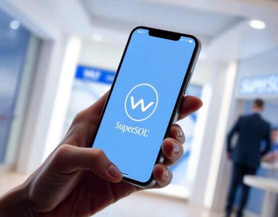 Smartphone displaying a Shinhan SuperSOL app interface with a cryptocurrency wallet icon in a modern bank setting.