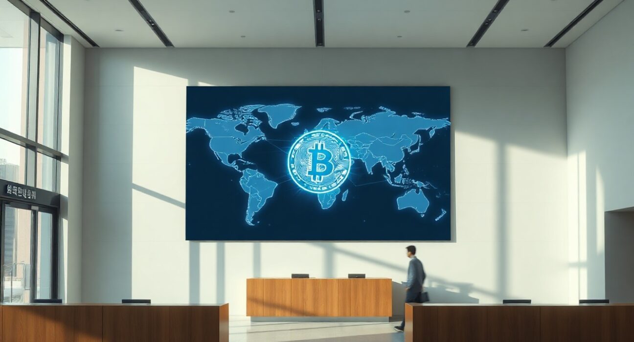 Shinhan Bank lobby with digital screen showing global payment network for stablecoin remittance project