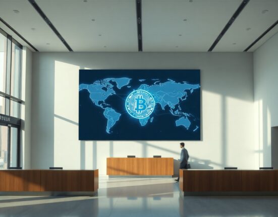 Shinhan Bank lobby with digital screen showing global payment network for stablecoin remittance project