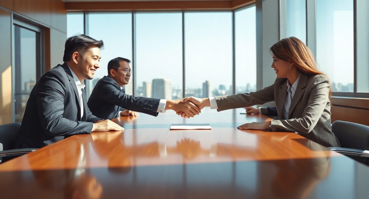 Shinhan Financial Group and Canton Foundation representatives shaking hands over a partnership agreement in a Seoul boardroom.