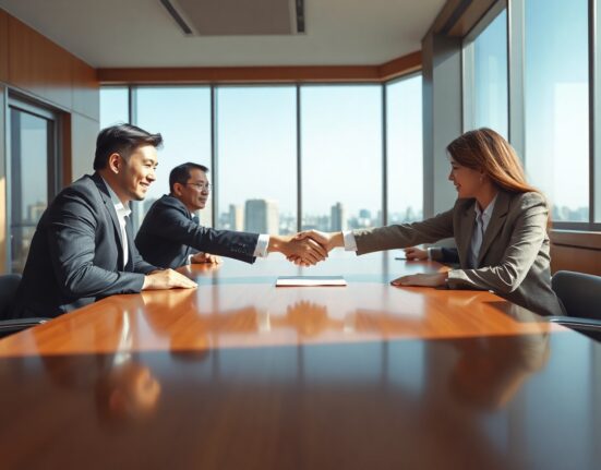 Shinhan Financial Group and Canton Foundation representatives shaking hands over a partnership agreement in a Seoul boardroom.