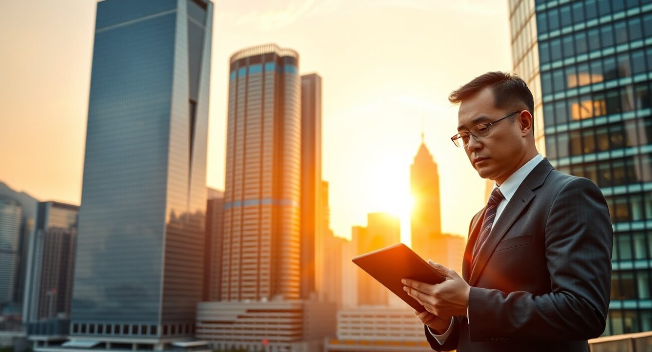 Hong Kong financial skyline with a business executive reviewing documents, representing Shinhan's digital asset license pursuit.