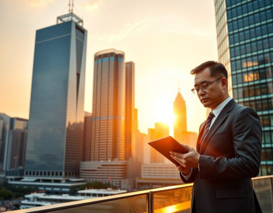 Hong Kong financial skyline with a business executive reviewing documents, representing Shinhan's digital asset license pursuit.
